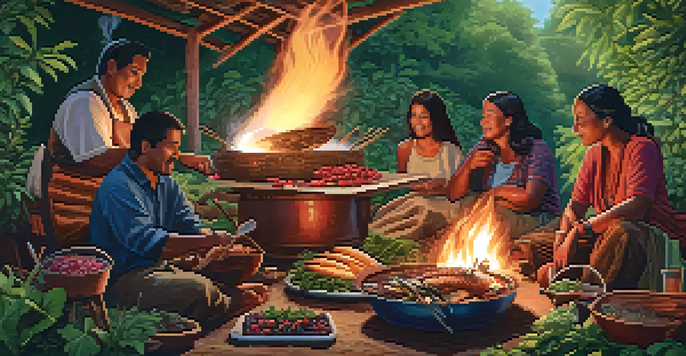A lively outdoor setting where diverse people are cooking fish over an open flame, surrounded by baskets of berries and herbs, emphasizing community and nature.