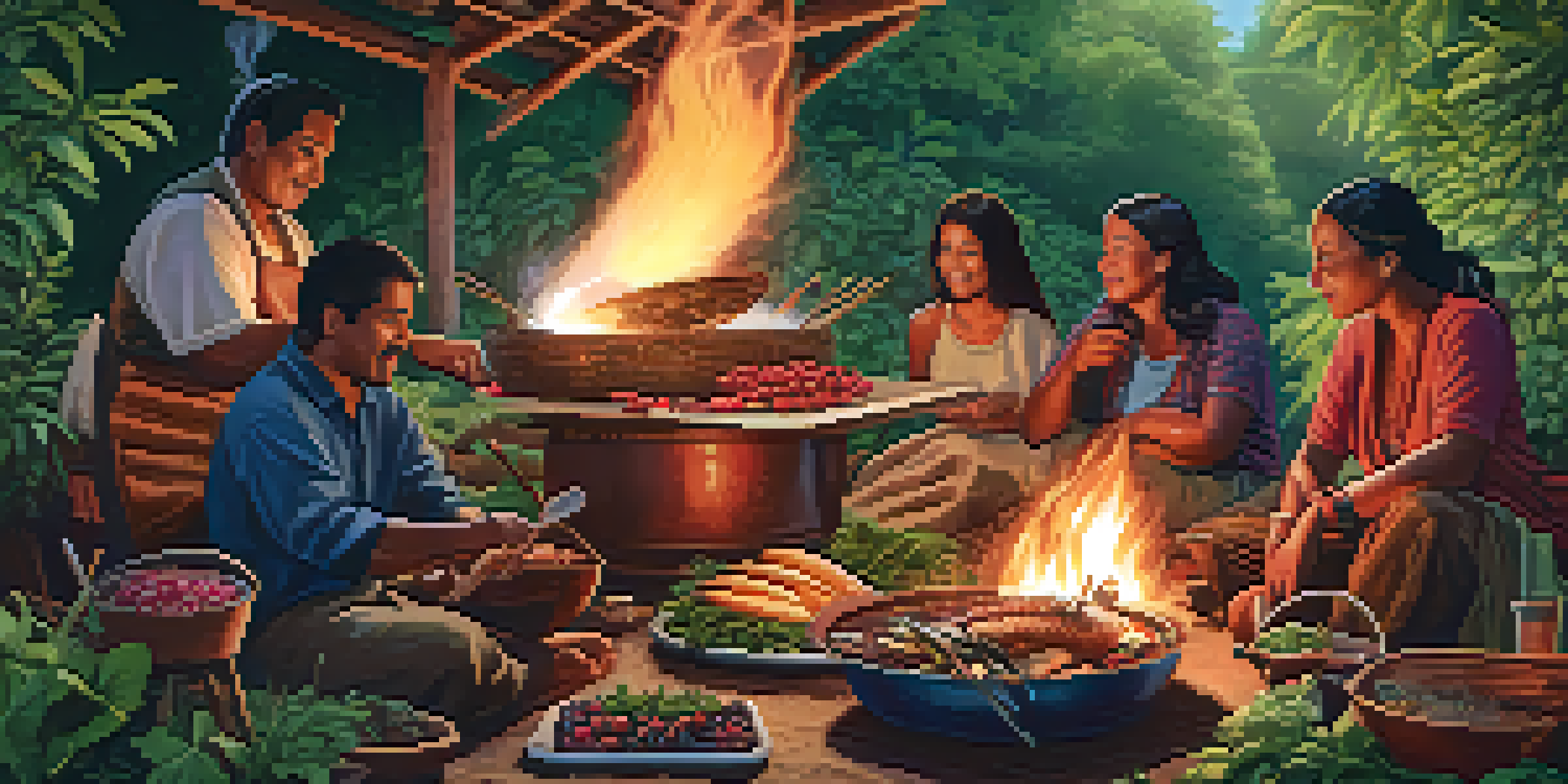 A lively outdoor setting where diverse people are cooking fish over an open flame, surrounded by baskets of berries and herbs, emphasizing community and nature.