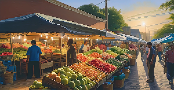 A bustling local market at sunset, showcasing colorful fruits and vegetables with people shopping and interacting.