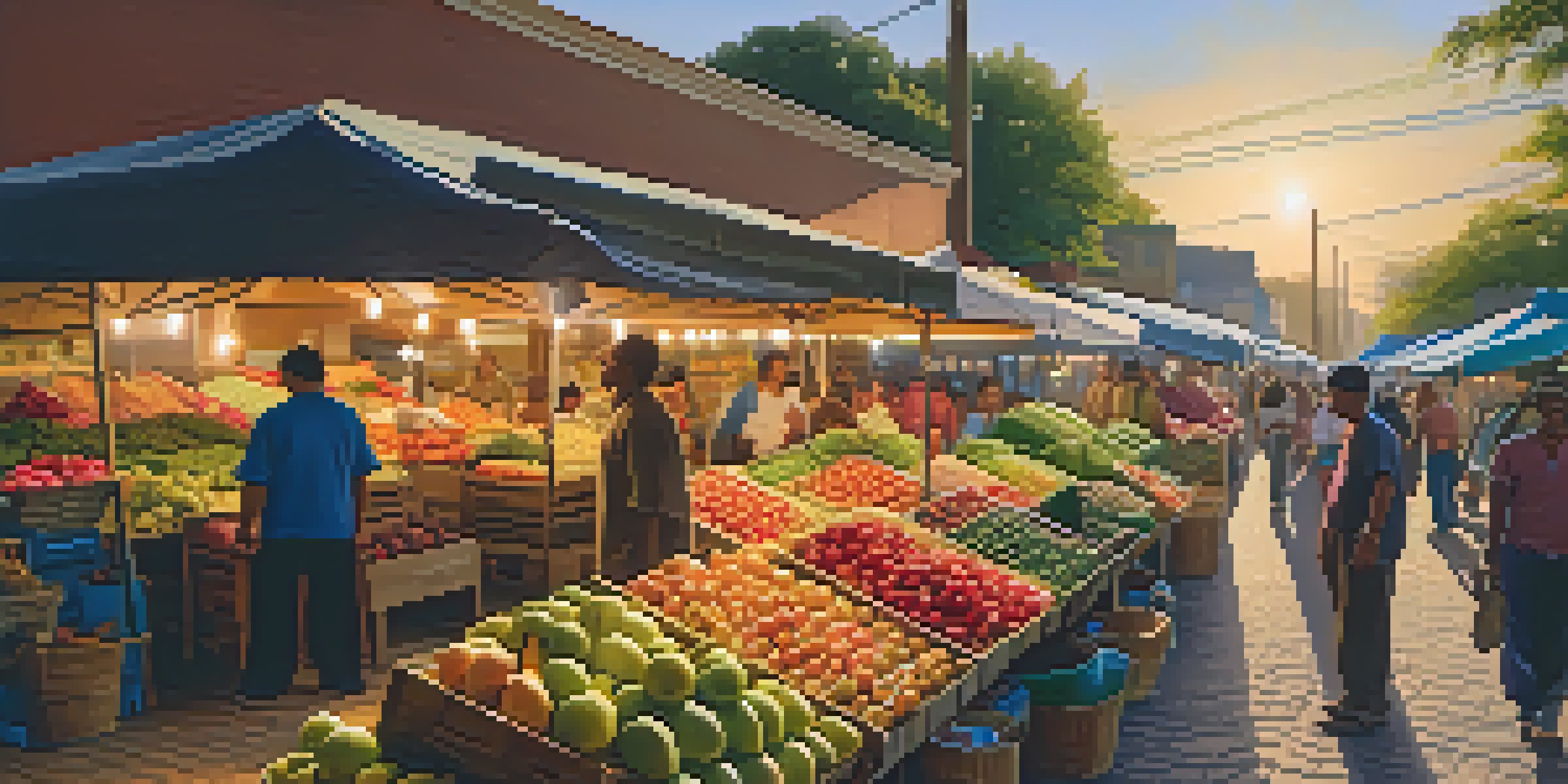 A bustling local market at sunset, showcasing colorful fruits and vegetables with people shopping and interacting.