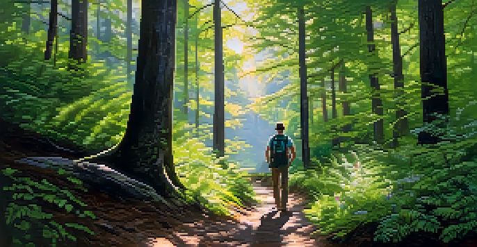 A hiker on a forest trail checking a map surrounded by green trees and colorful flowers.