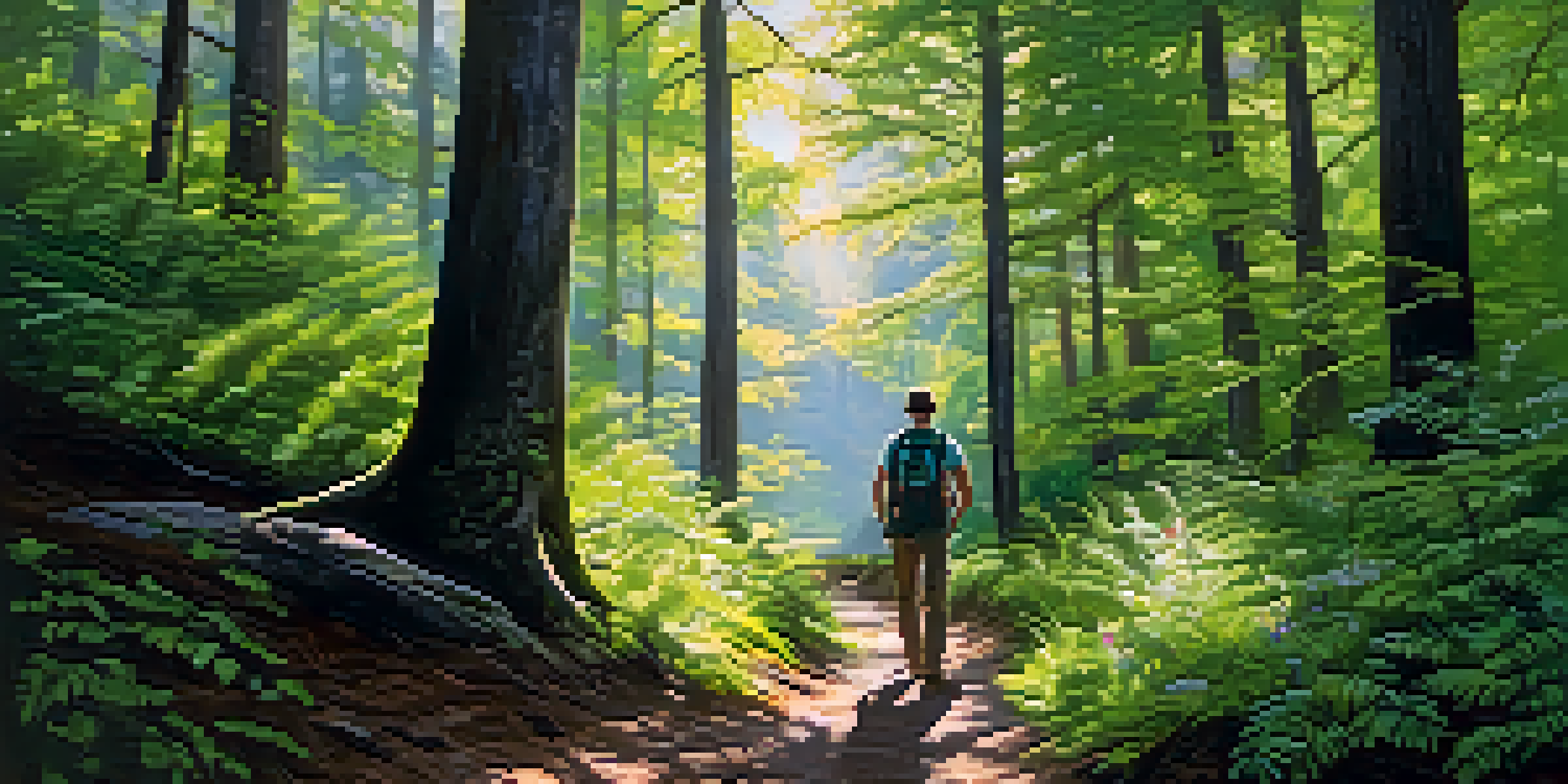 A hiker on a forest trail checking a map surrounded by green trees and colorful flowers.