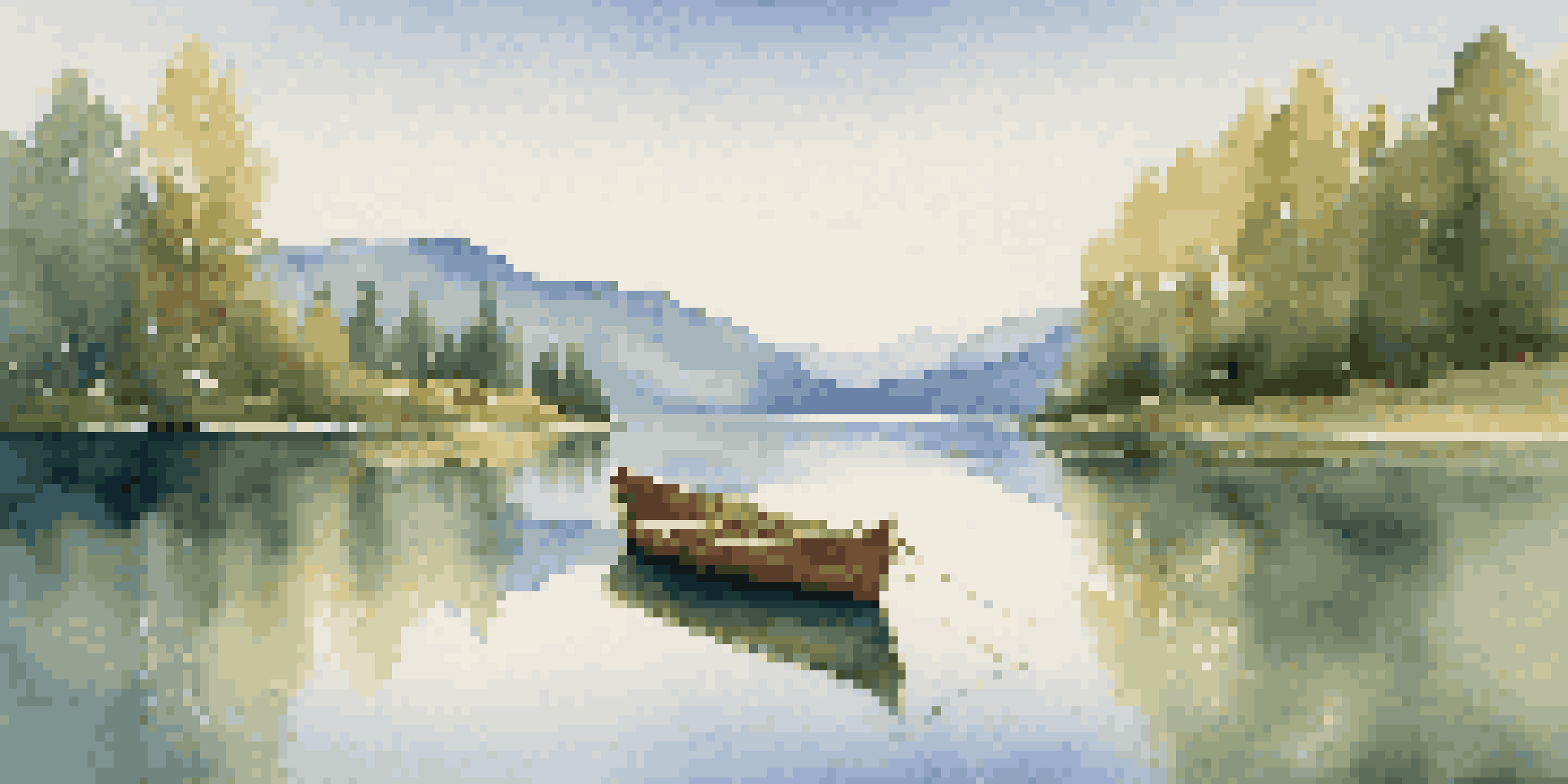 A peaceful lake reflecting mountains with a wooden boat in the foreground and sunlight filtering through trees.