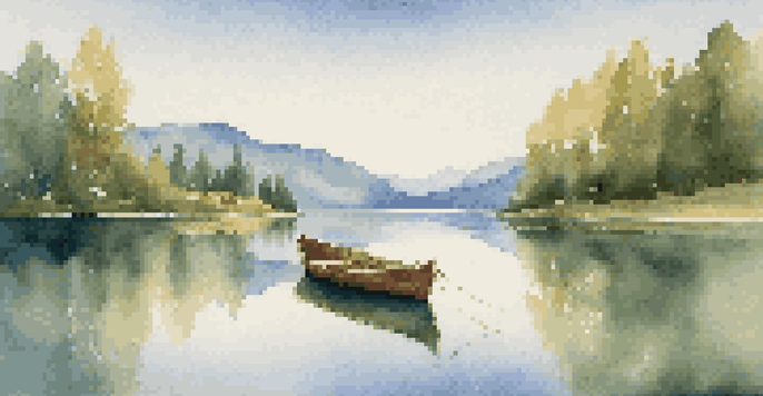 A peaceful lake reflecting mountains with a wooden boat in the foreground and sunlight filtering through trees.