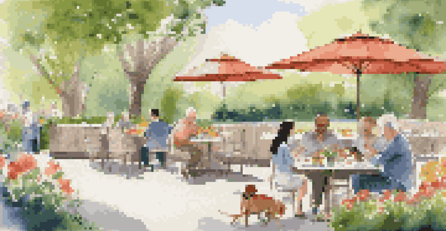 A park scene showcasing a dog playing with its owner near a restaurant, highlighting a joyful dining experience in nature.