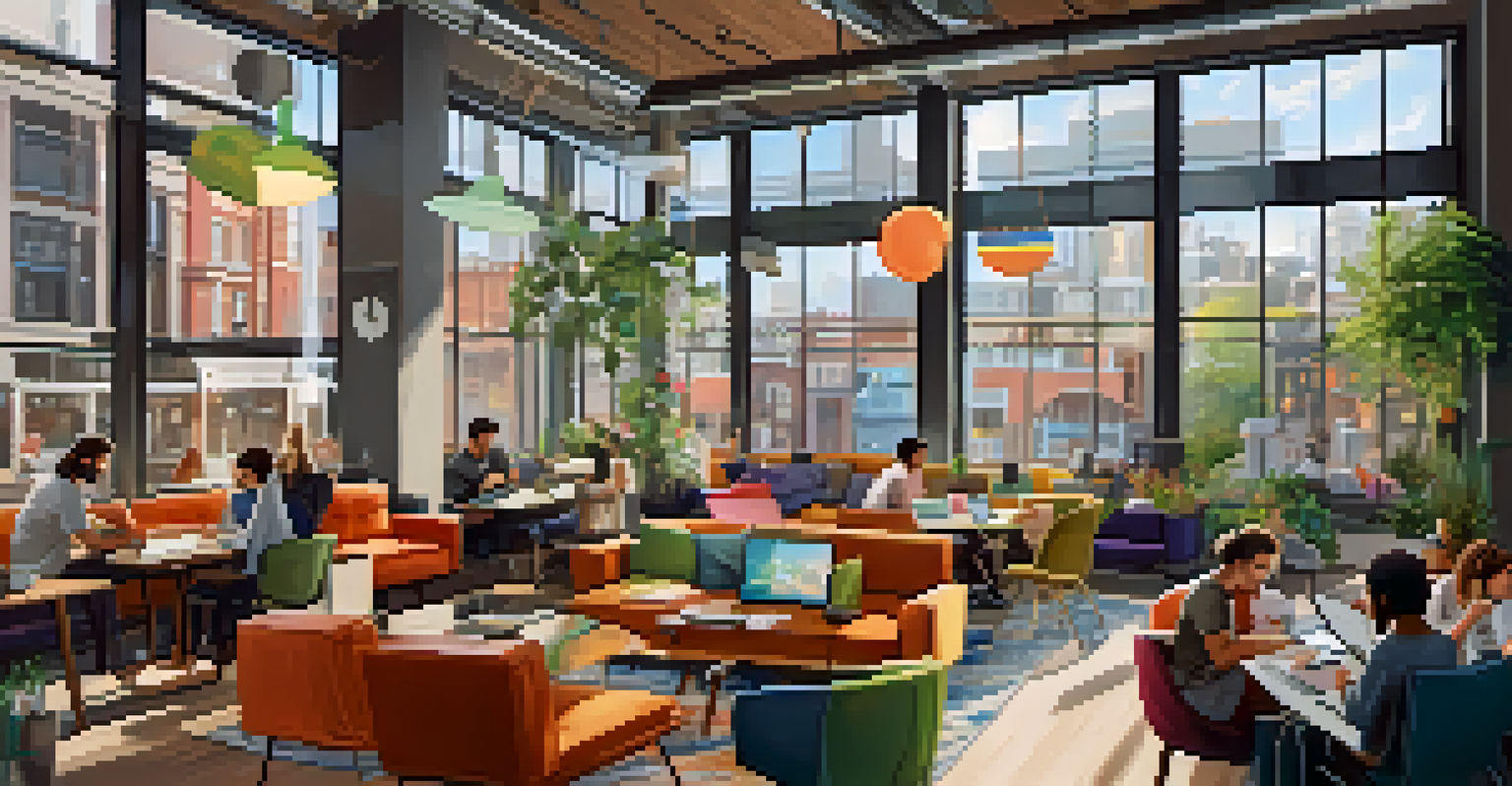 A lively co-working space with remote workers and large windows overlooking a busy city street.