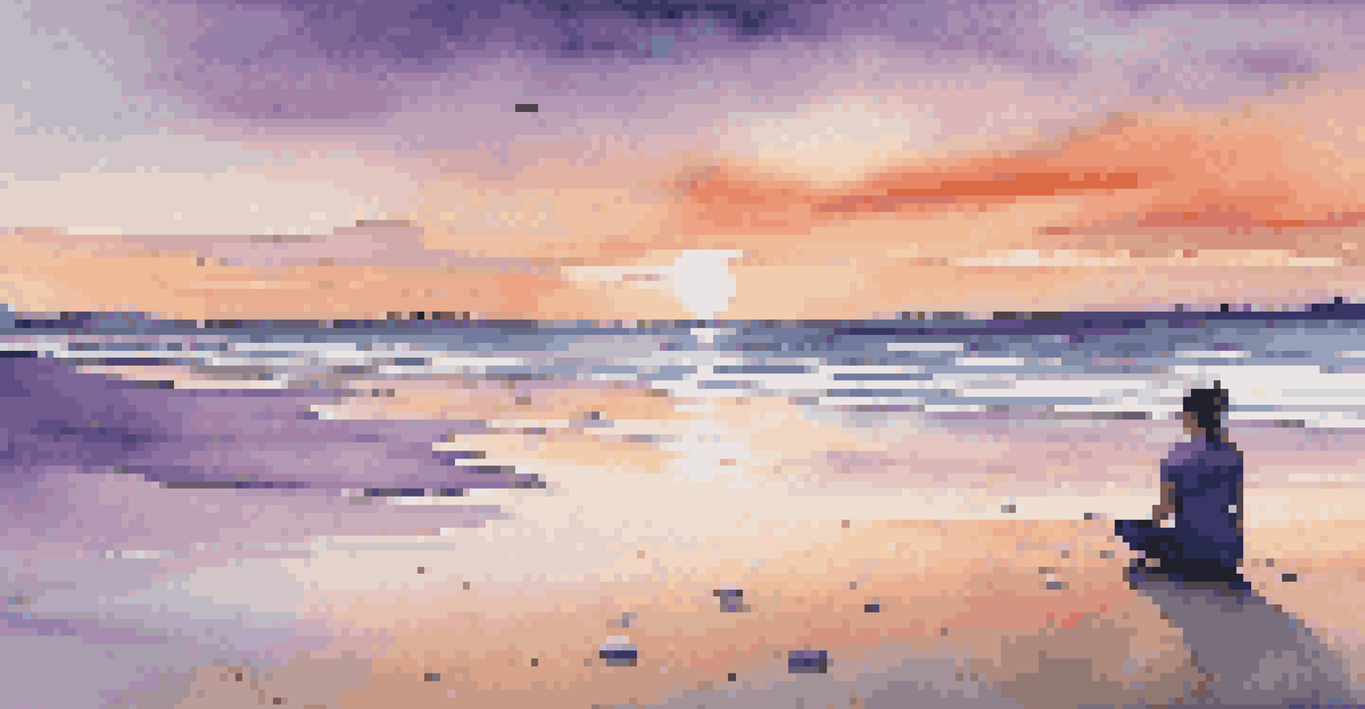A person meditating on the beach during sunset, with colorful reflections on the water and seashells scattered on the sand.
