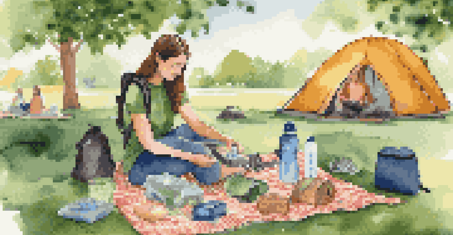 A person packing eco-friendly items for a music festival in a green park setting.