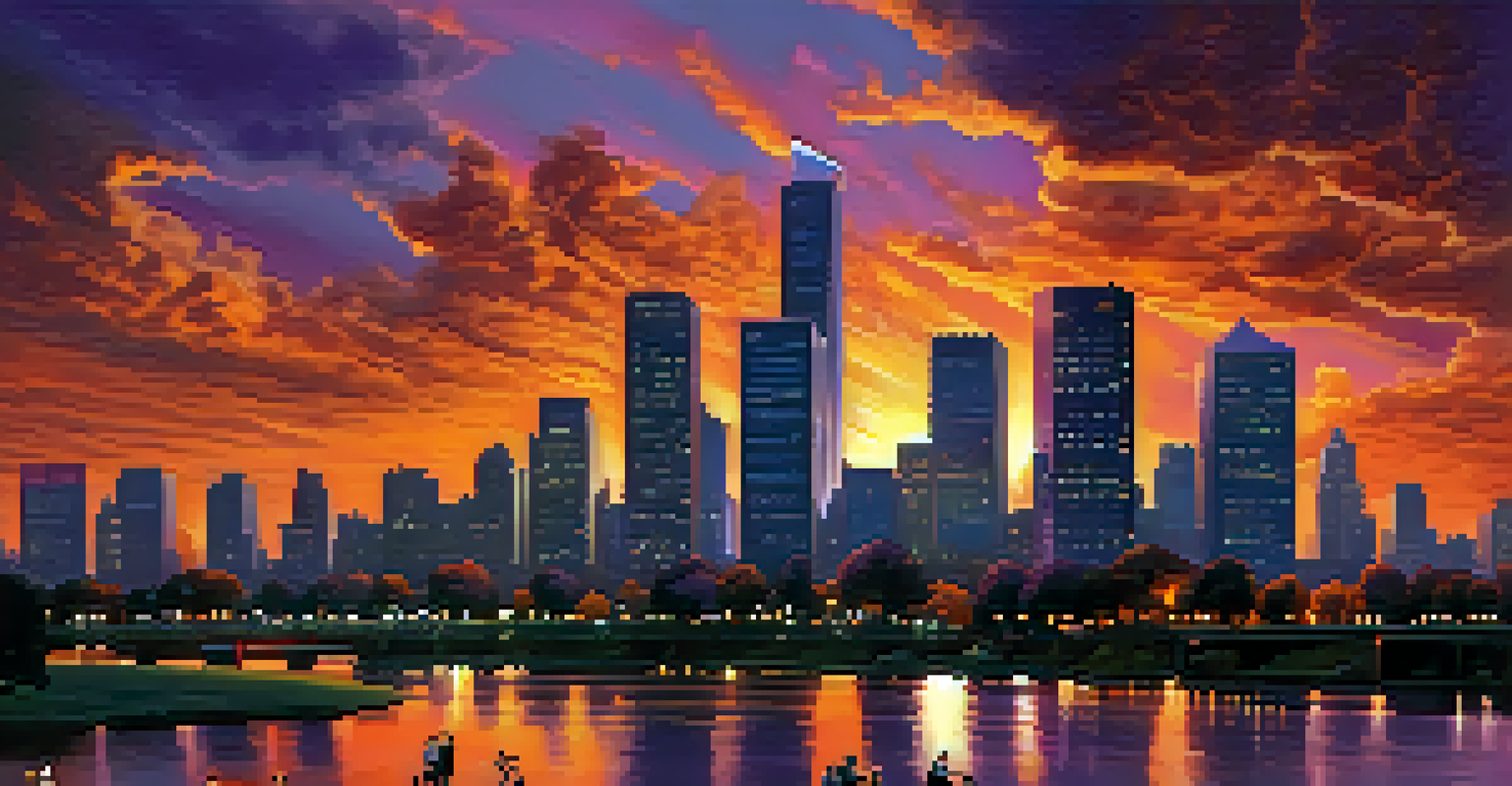 An urban skyline at sunset with colorful clouds and silhouetted buildings, along with people in a park enjoying the evening.