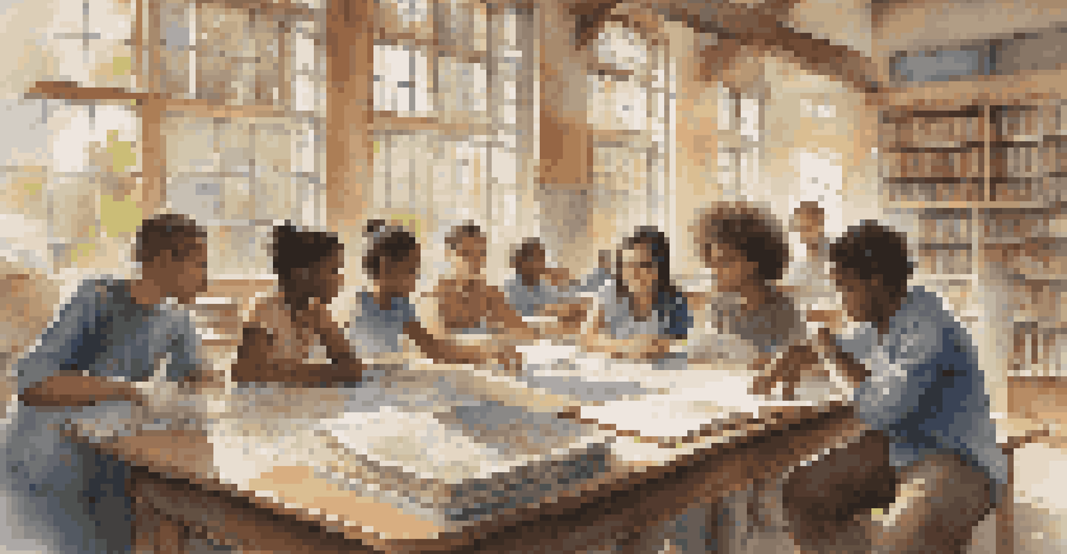 A diverse group of students discussing local laws and culture at a table filled with books and maps in a well-lit classroom.