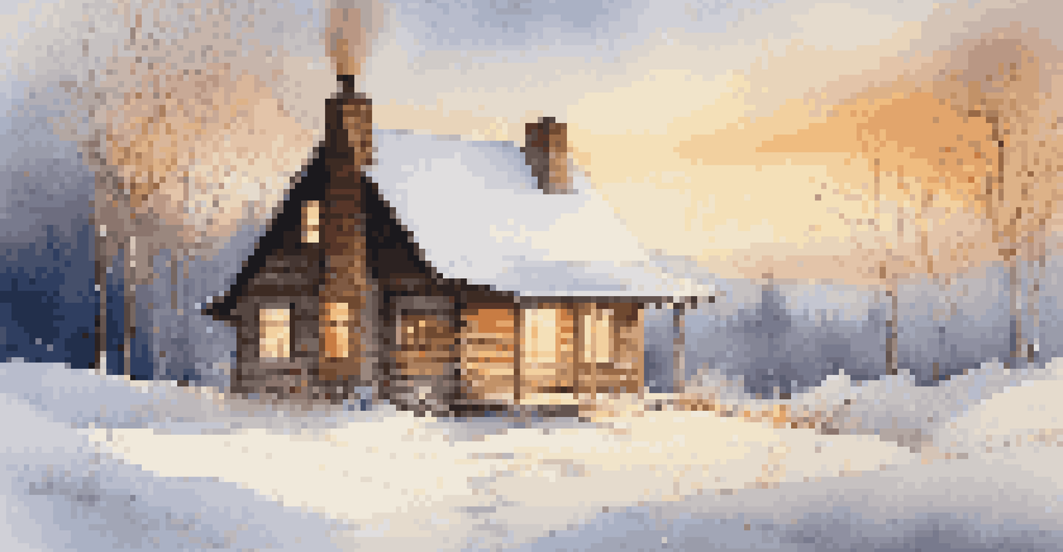 A cozy cabin in the snow with smoke from the chimney and warm light from the windows.