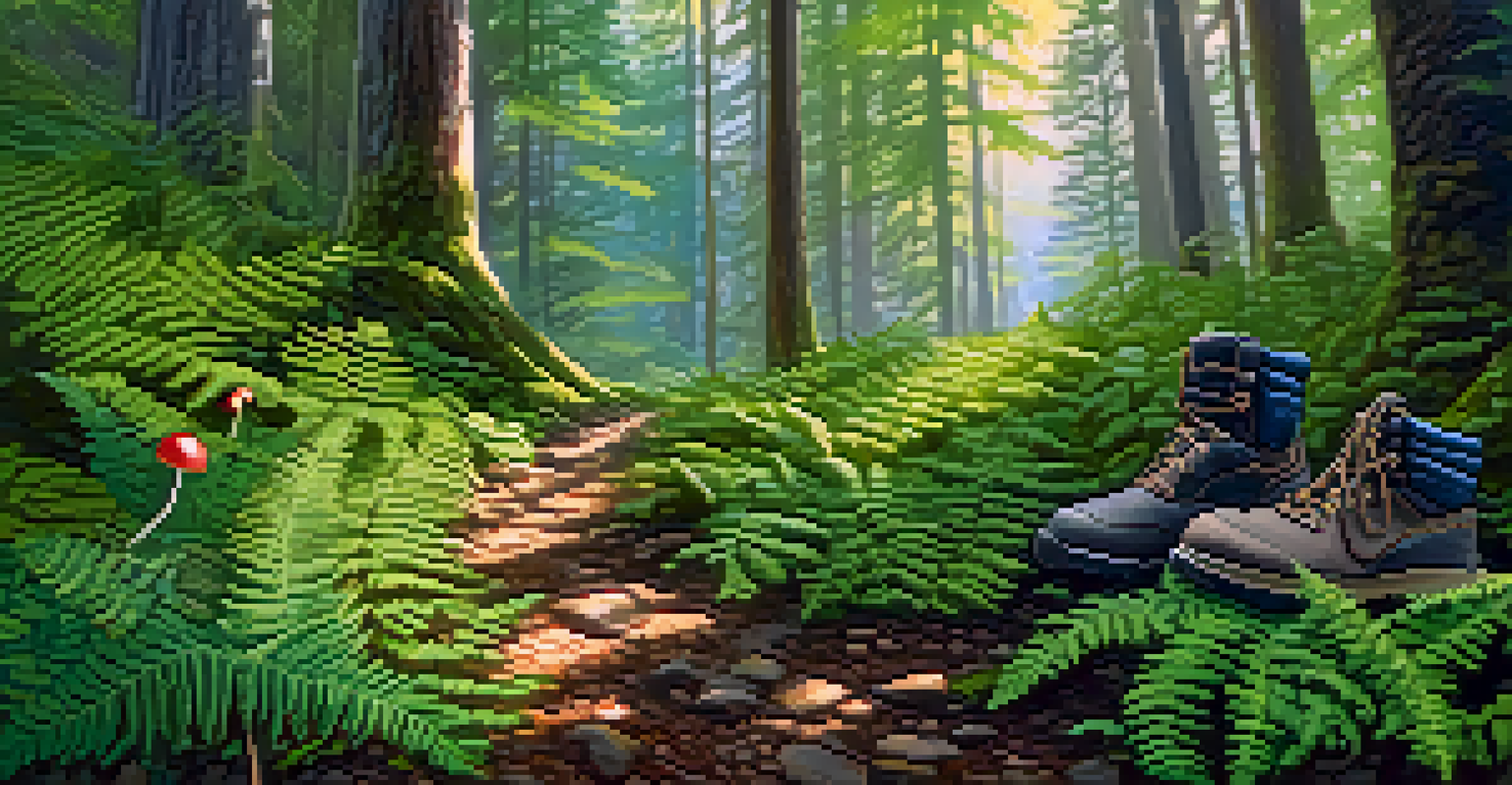 An adventurous hiking trail in a dense forest with sunlight filtering through the leaves and a backpack resting on a rock.