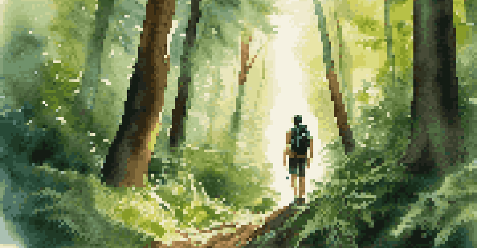 A digital nomad hiking in a green forest, surrounded by trees and sunlight filtering through the leaves.