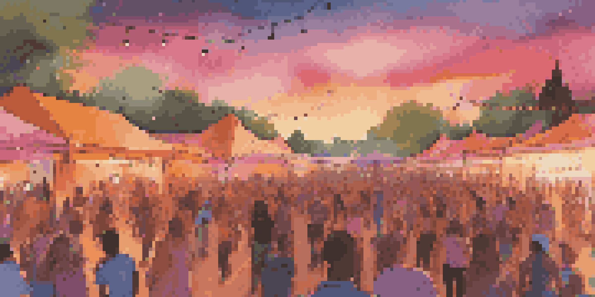 A lively music festival at sunset with a diverse crowd enjoying performances, colorful lights, and food stalls.