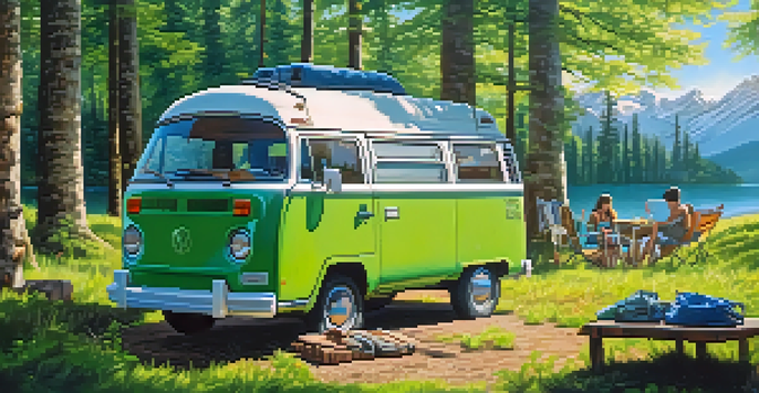 A camper van parked in a forest, surrounded by camping gear, with mountains in the background and sunlight filtering through the trees.