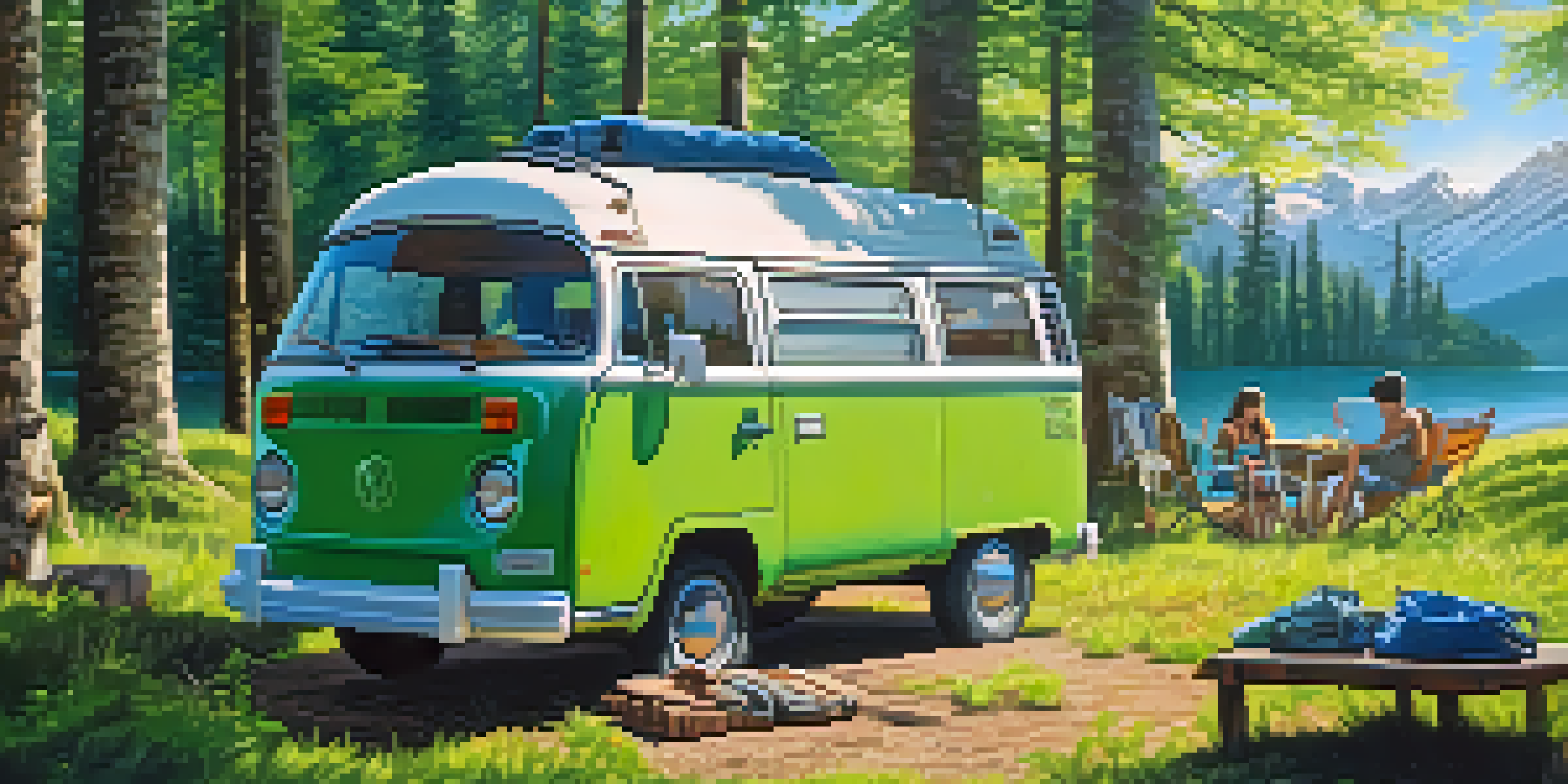 A camper van parked in a forest, surrounded by camping gear, with mountains in the background and sunlight filtering through the trees.