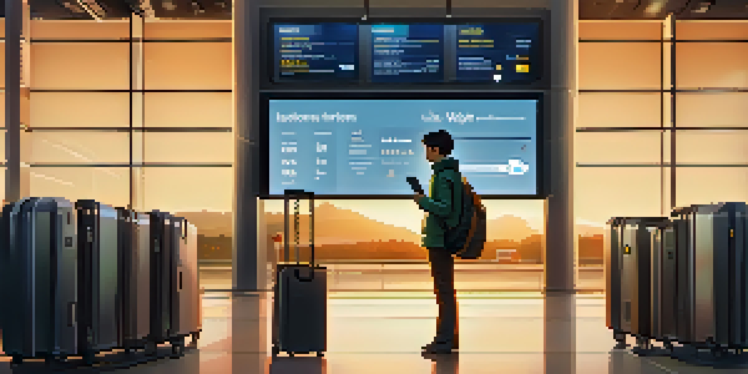 A traveler in an airport with smart luggage and a smartphone displaying navigation information.