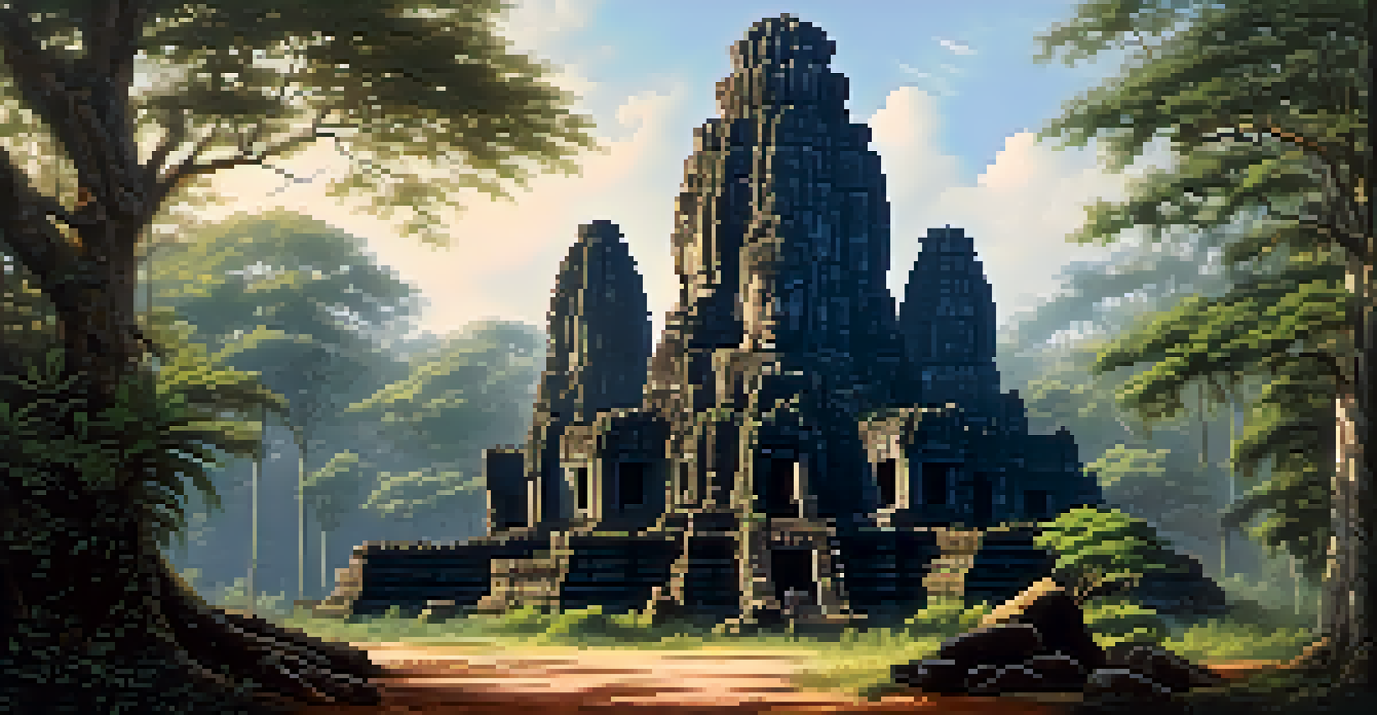 The Bayon Temple with its stone faces and intricate carvings, surrounded by greenery and dappled sunlight filtering through the trees.