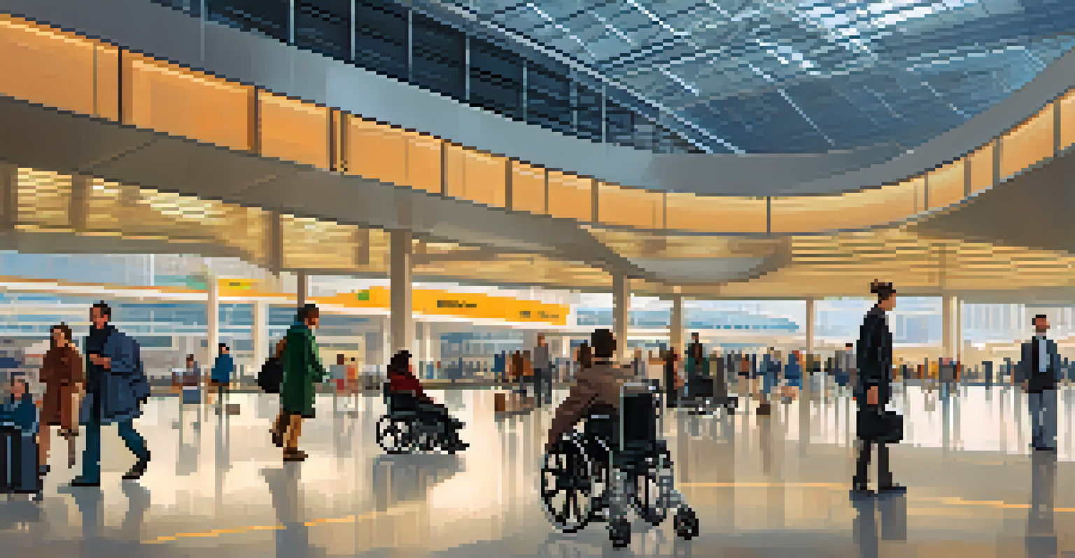 A person in a wheelchair navigating an airport terminal with accessible features, surrounded by other travelers.