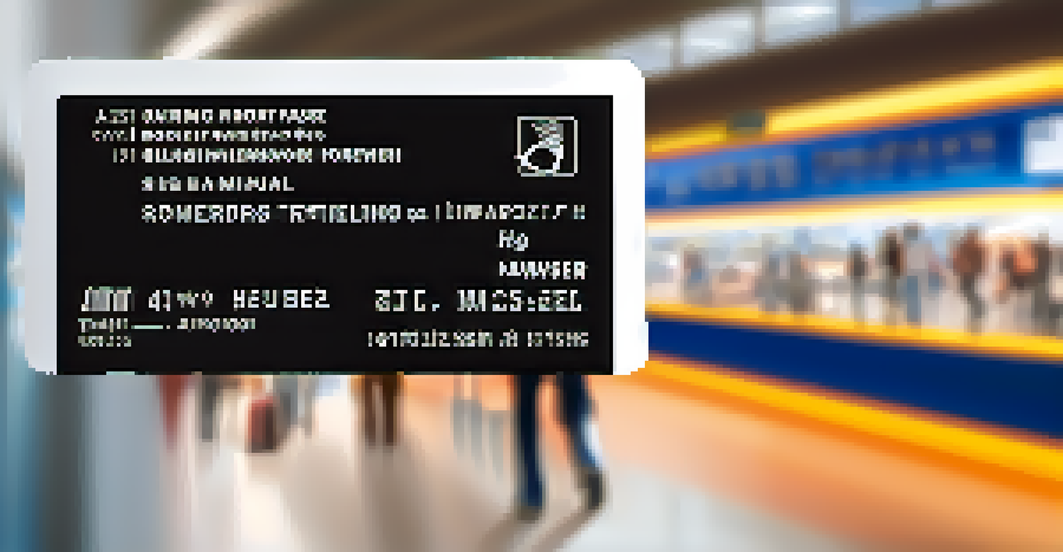 A hand holding a boarding pass in a busy airport terminal, with blurred travelers in the background.