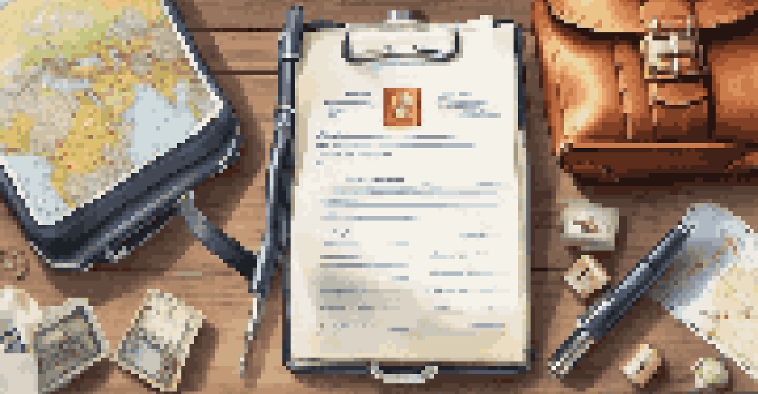 Close-up of a pet travel insurance document on a table with a suitcase and travel accessories.