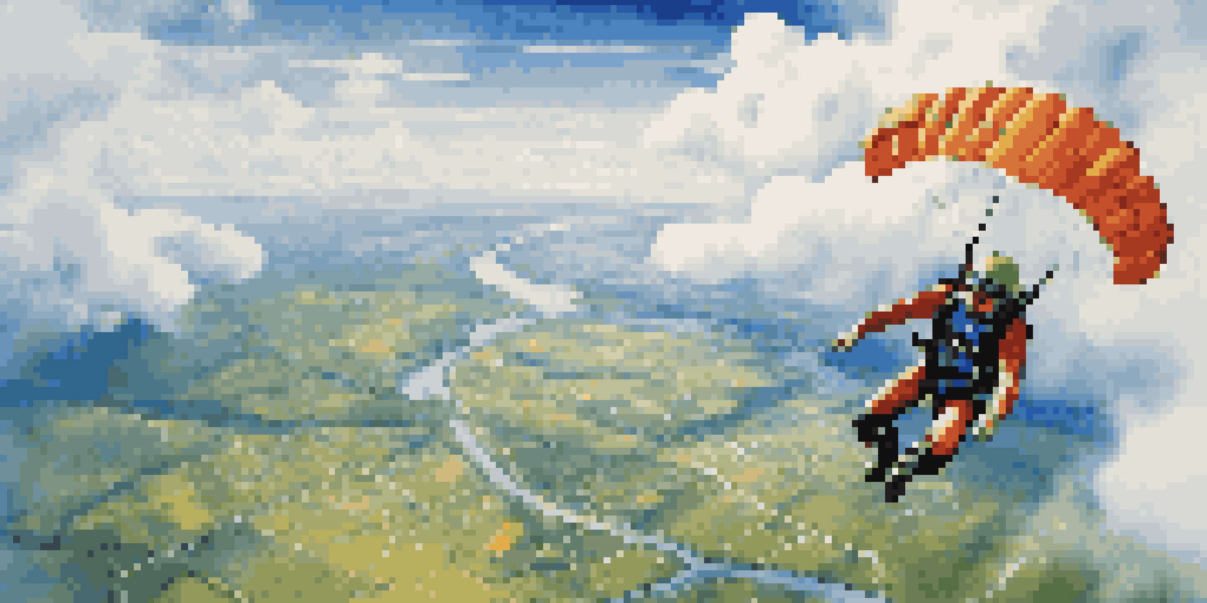 A skydiver in colorful gear free-falling against a bright blue sky and fluffy clouds, with green fields and rivers visible below.