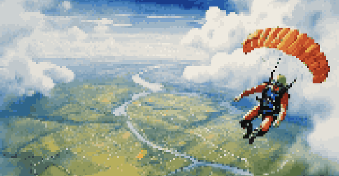 A skydiver in colorful gear free-falling against a bright blue sky and fluffy clouds, with green fields and rivers visible below.