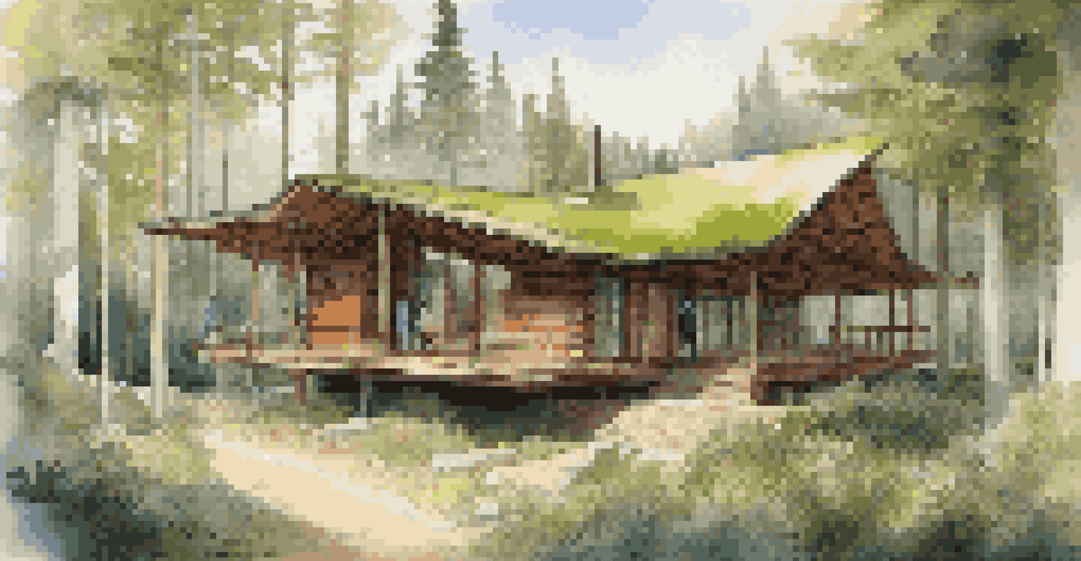 An eco-friendly lodge in a lush forest, featuring wooden structures and a green roof, with sunlight filtering through the trees.