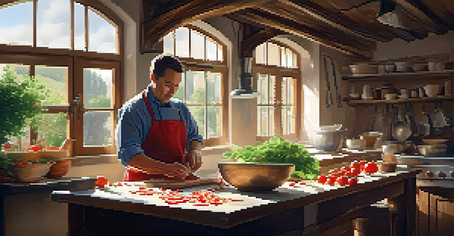 A rustic kitchen with a chef teaching a cooking class, preparing fresh pasta with tomatoes and basil on the table, illuminated by sunlight.