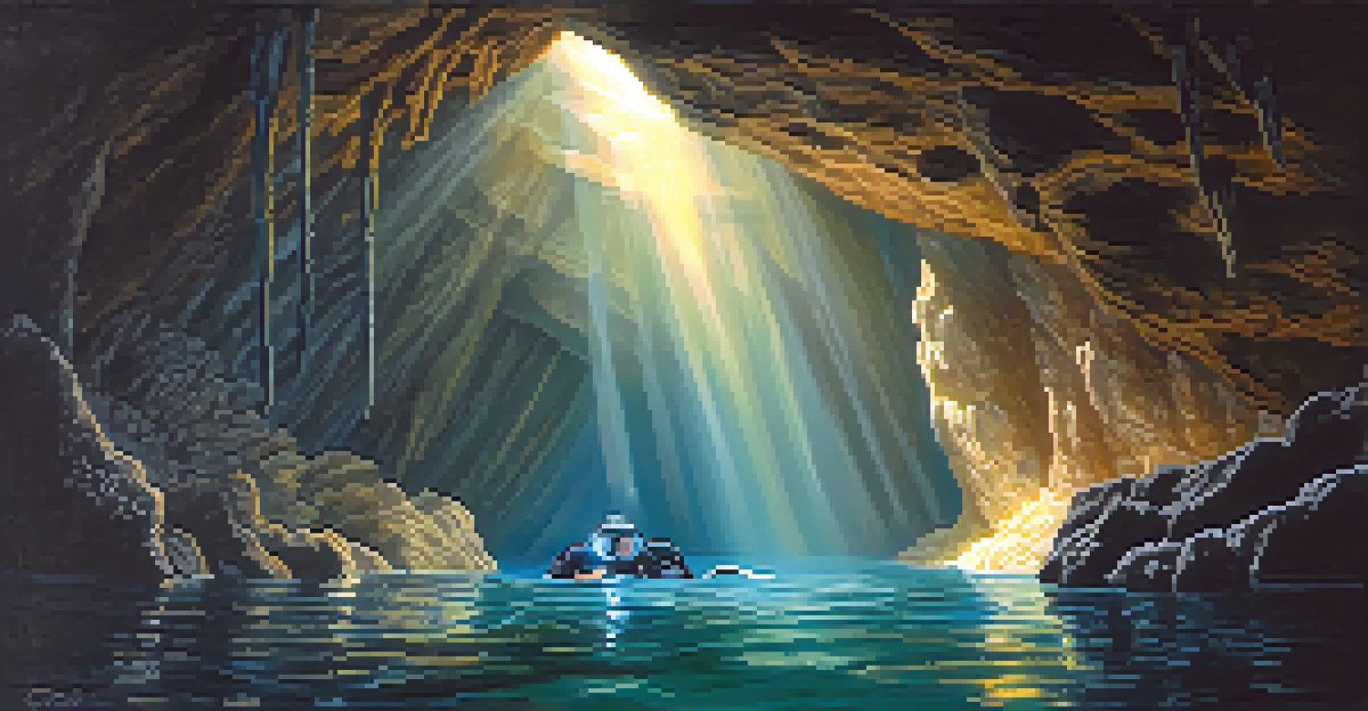 A scuba diver exploring an underwater cave with clear water and stalactites.