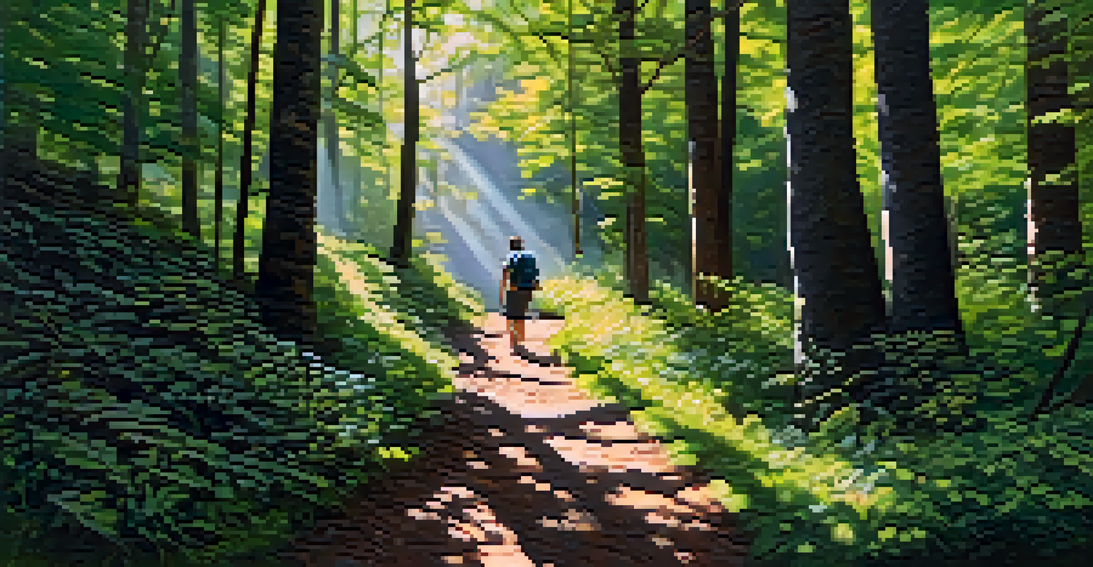 A solo traveler hiking on a forest trail, surrounded by trees and sunlight filtering through the leaves.