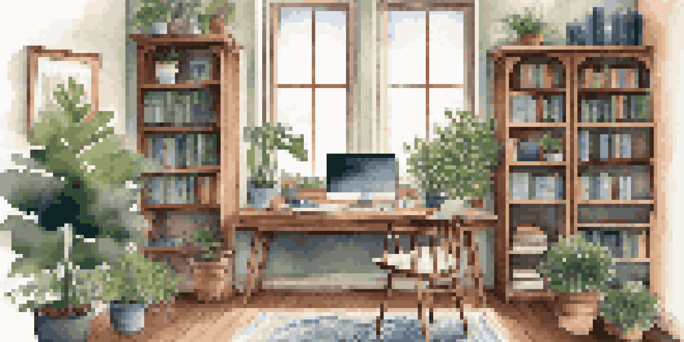 A warm and inviting home office with a wooden desk, dual monitors, and green plants, illuminated by natural light from a large window.