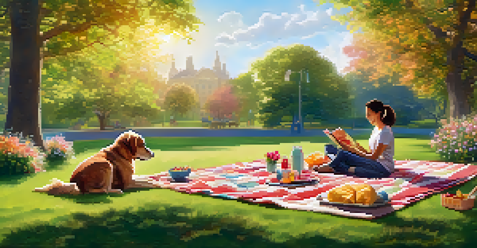 A dog lying on a blanket during a picnic in a sunny park.