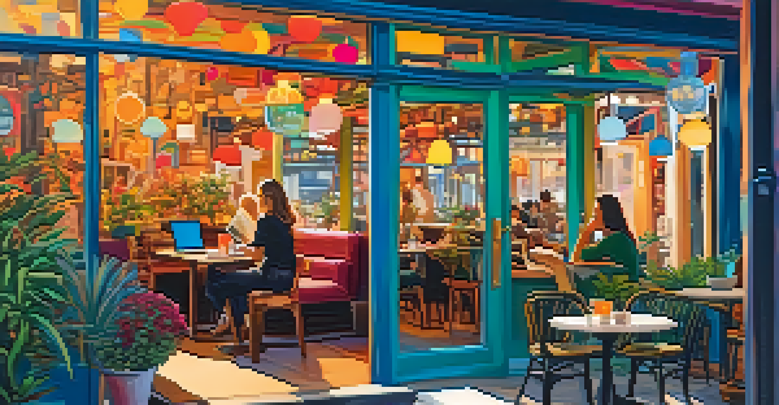 A person working on a laptop in a stylish cafe with colorful decor and a busy street view.