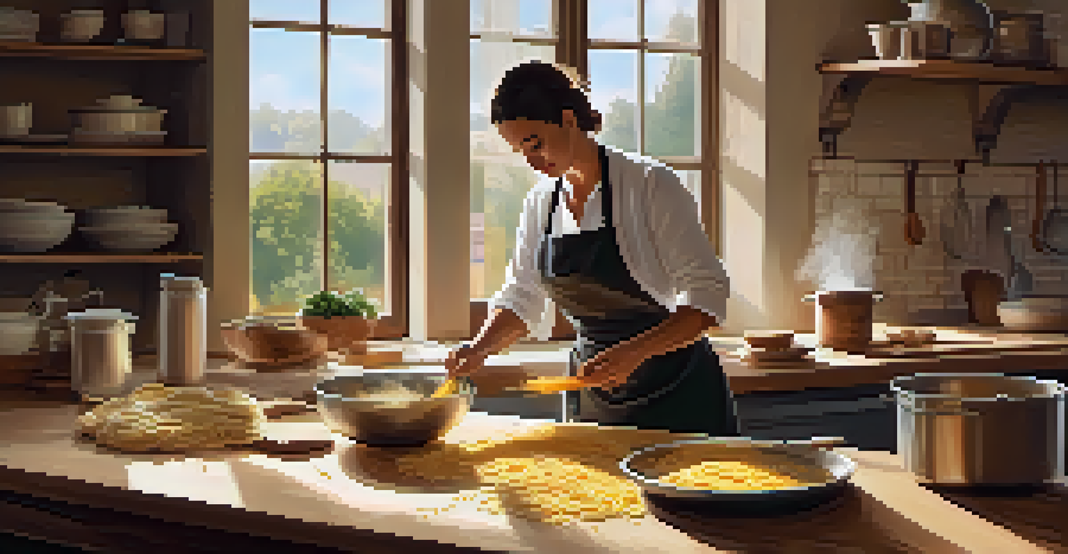 A chef teaching a cooking class, making handmade pasta in a cozy kitchen filled with fresh ingredients and sunlight.