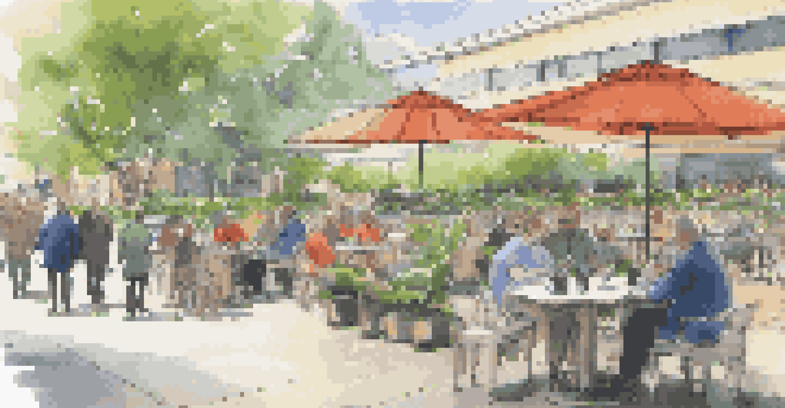 An outdoor café bustling with professionals near a conference center, featuring colorful umbrellas and modern furniture.