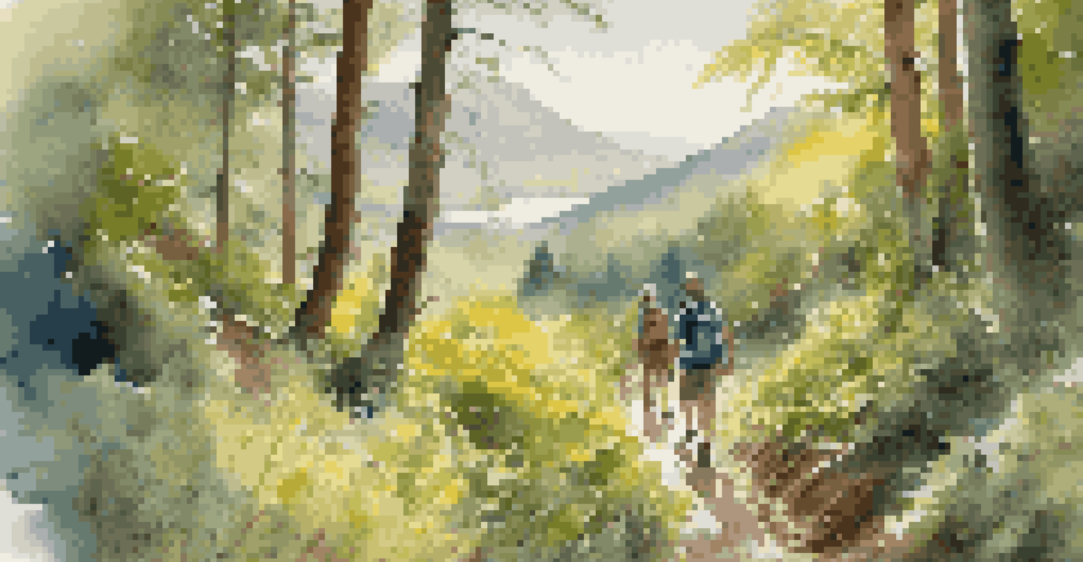 A peaceful hiking trail in a forest with sunlight filtering through trees and hikers walking along the path with mountains in the background.