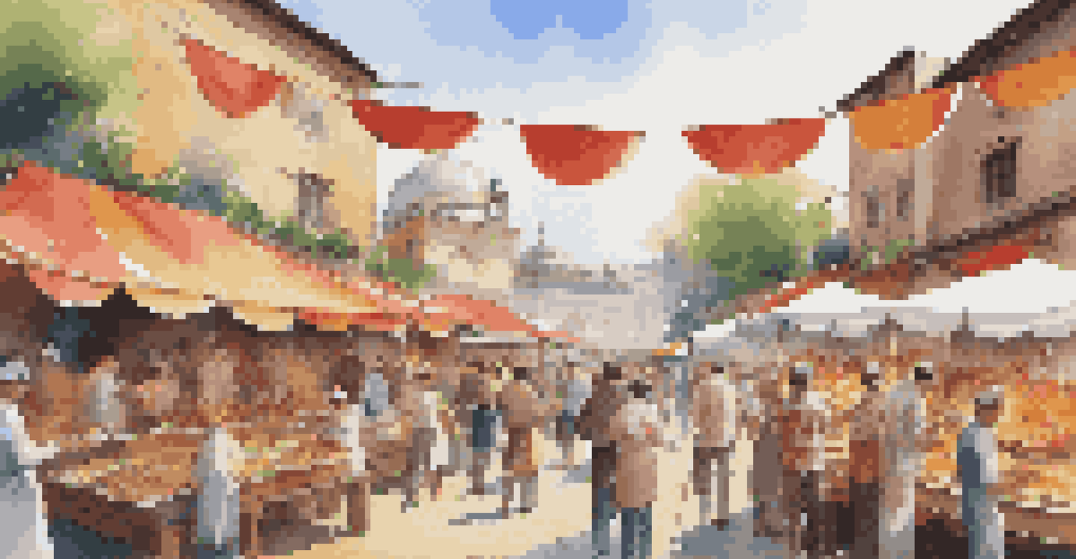 A vibrant culinary festival with people enjoying traditional dishes at a UNESCO site, featuring colorful stalls and musicians.