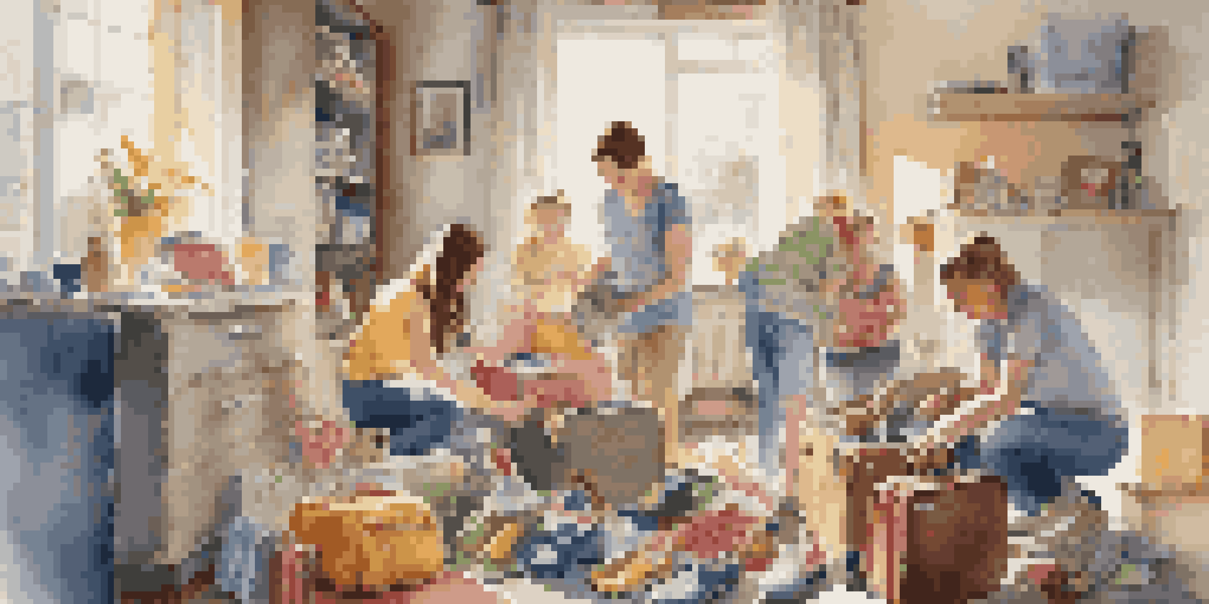 A family happily packing a suitcase with colorful clothes and toys, surrounded by travel essentials in a sunlit room.