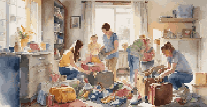 A family happily packing a suitcase with colorful clothes and toys, surrounded by travel essentials in a sunlit room.