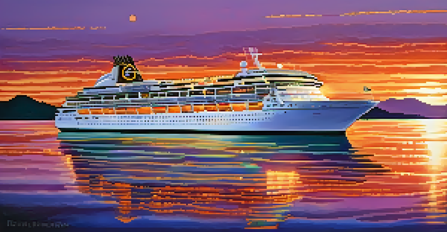 A cruise ship sailing on calm waters at sunset with colorful lights and passengers on deck.