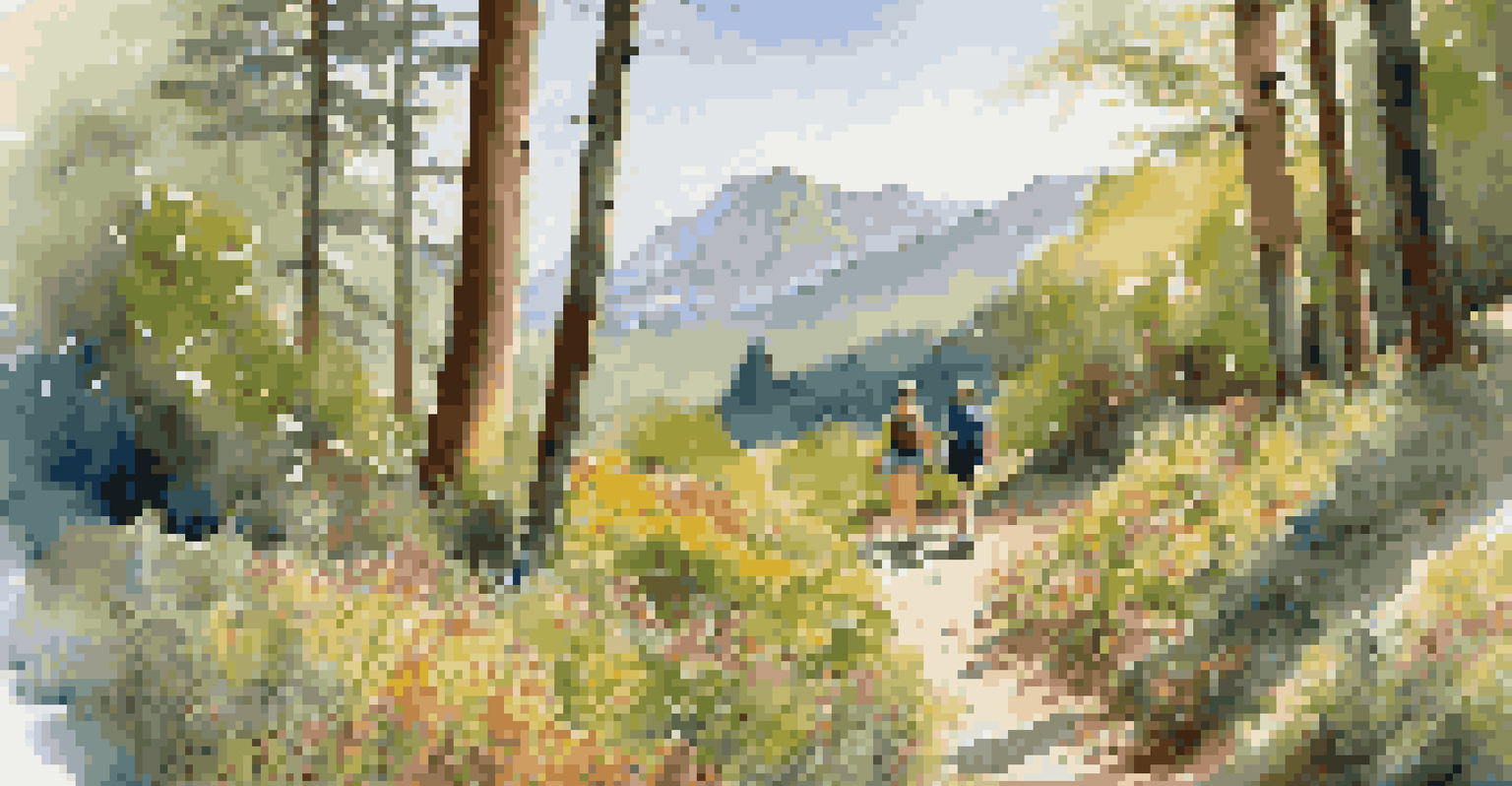 A peaceful hiking trail surrounded by colorful wildflowers and dappled sunlight, with hikers in the distance and mountains in the background.