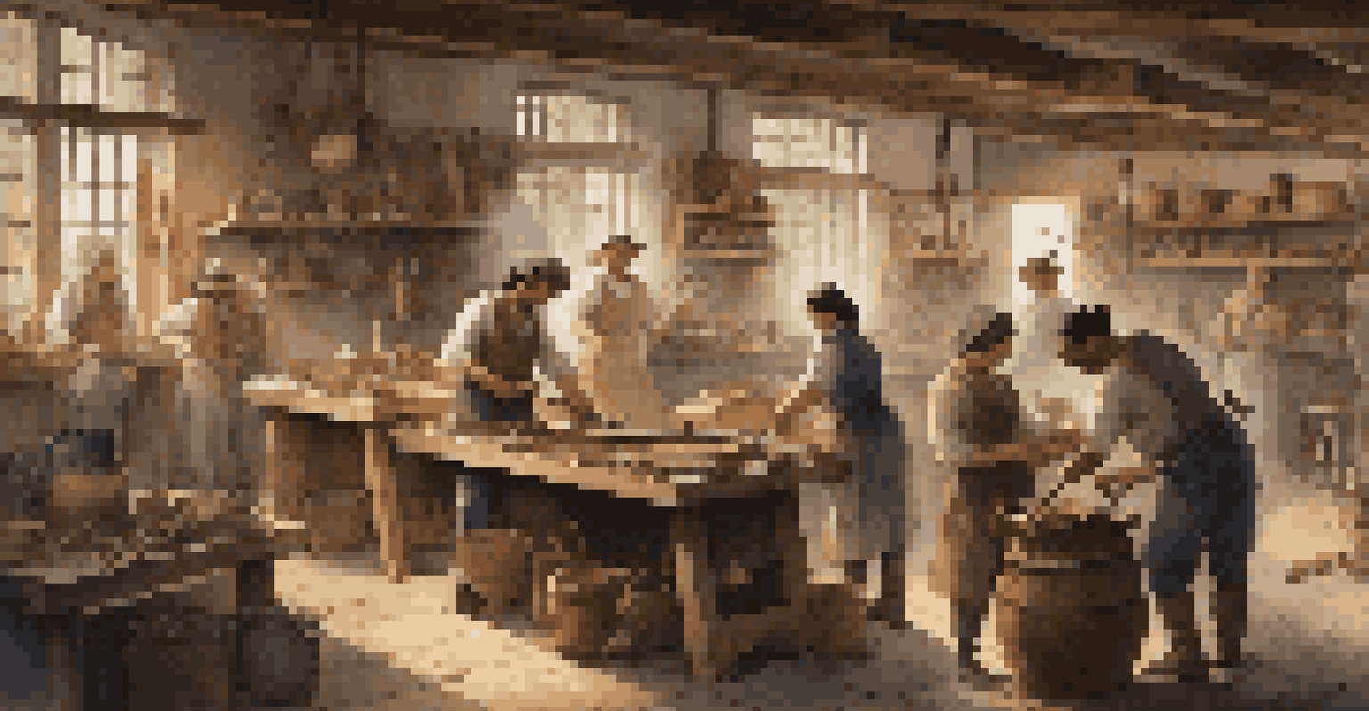 Artisans demonstrating traditional crafts in a colonial trades shop, with tools and materials visible in a warmly lit environment.