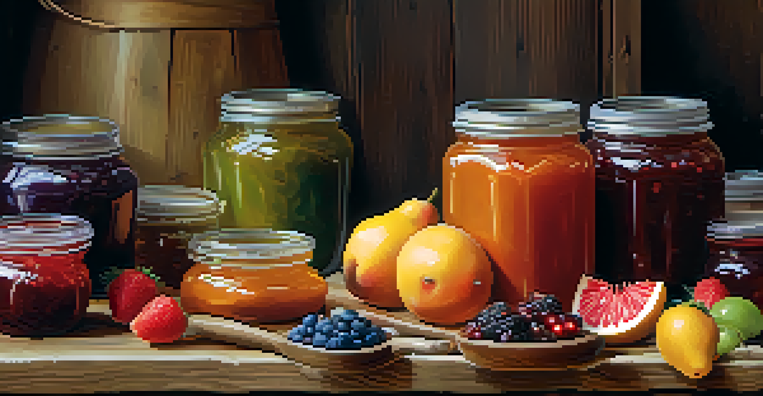 A close-up of hands making homemade jams with colorful jars and fresh fruits in a warm kitchen setting.