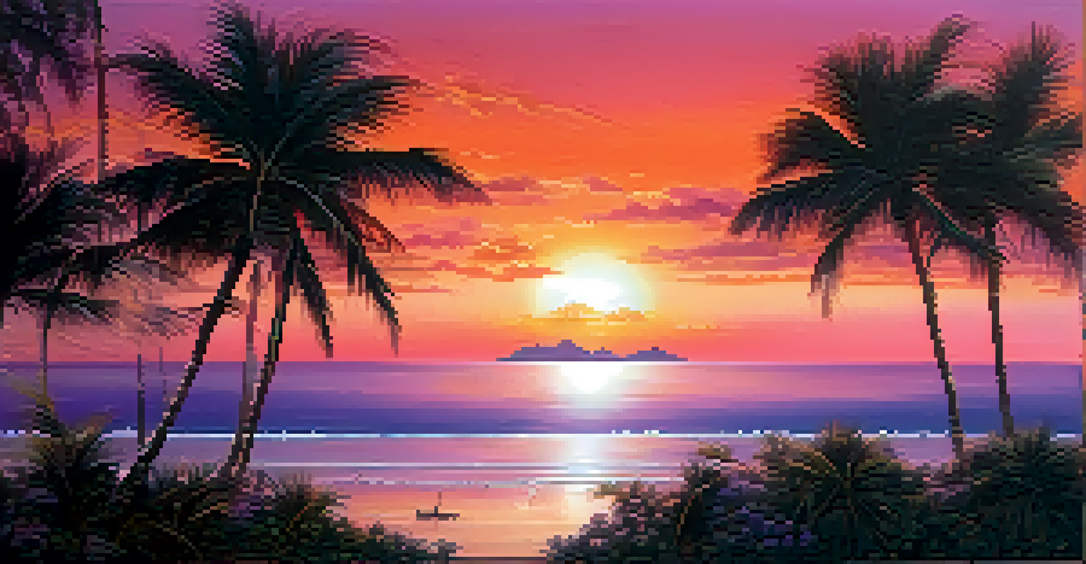 A stunning sunset over a peaceful beach, with vibrant colors reflecting on the water and palm trees in silhouette.