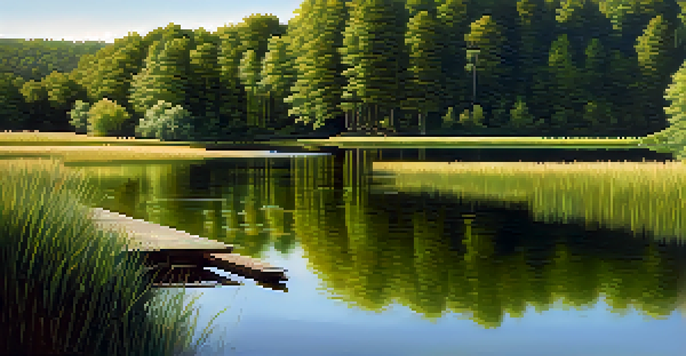 A peaceful lake view with green hills and a wooden pier, where a person sits at the edge, reflecting on the scenery.