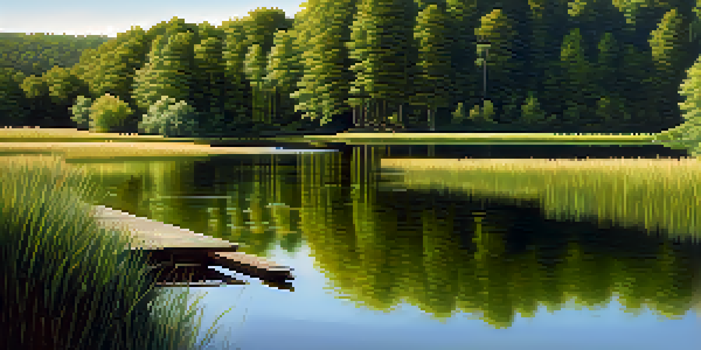 A peaceful lake view with green hills and a wooden pier, where a person sits at the edge, reflecting on the scenery.