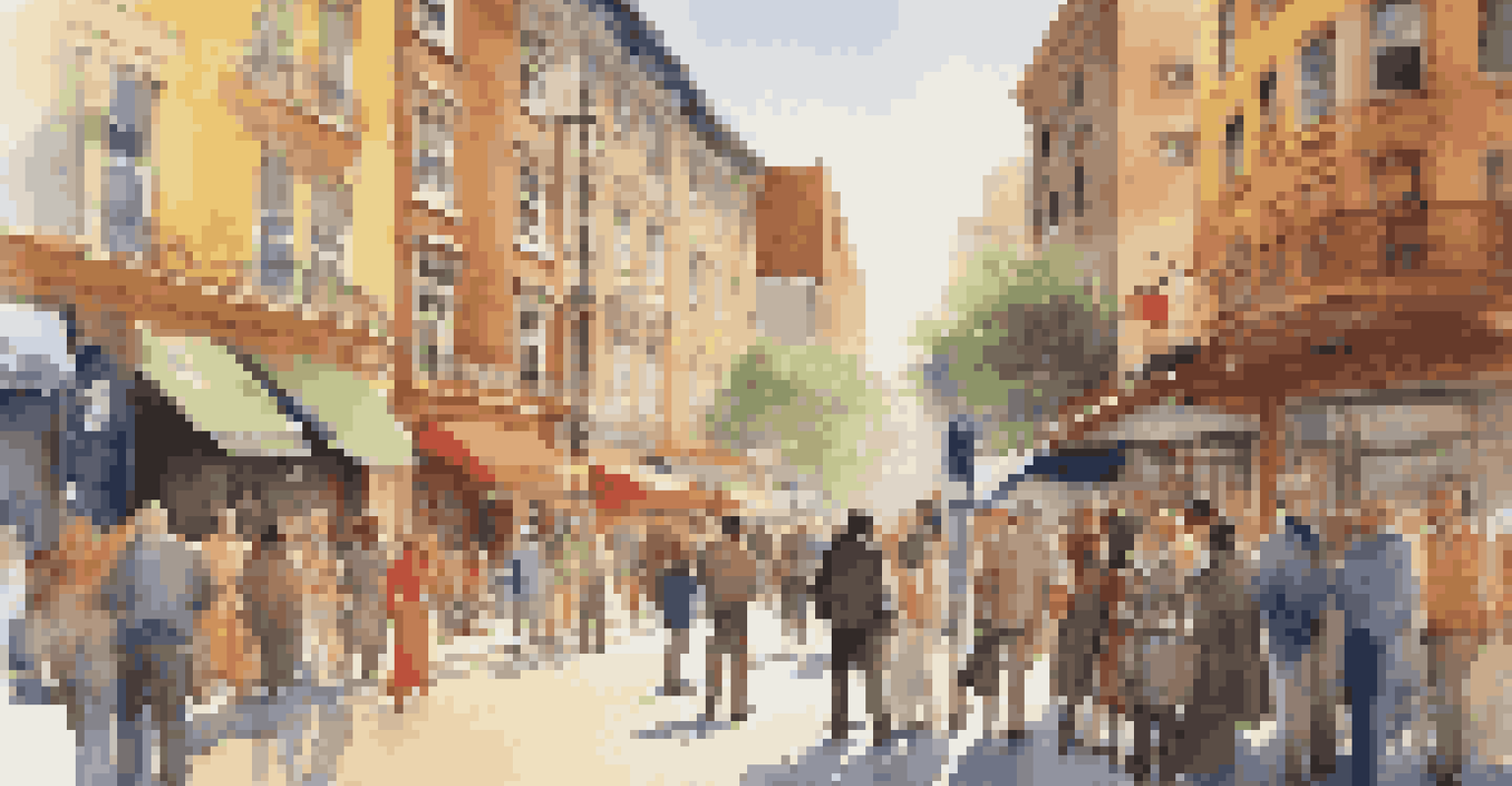 Local authorities assisting tourists on a busy city street with vibrant storefronts in the background.