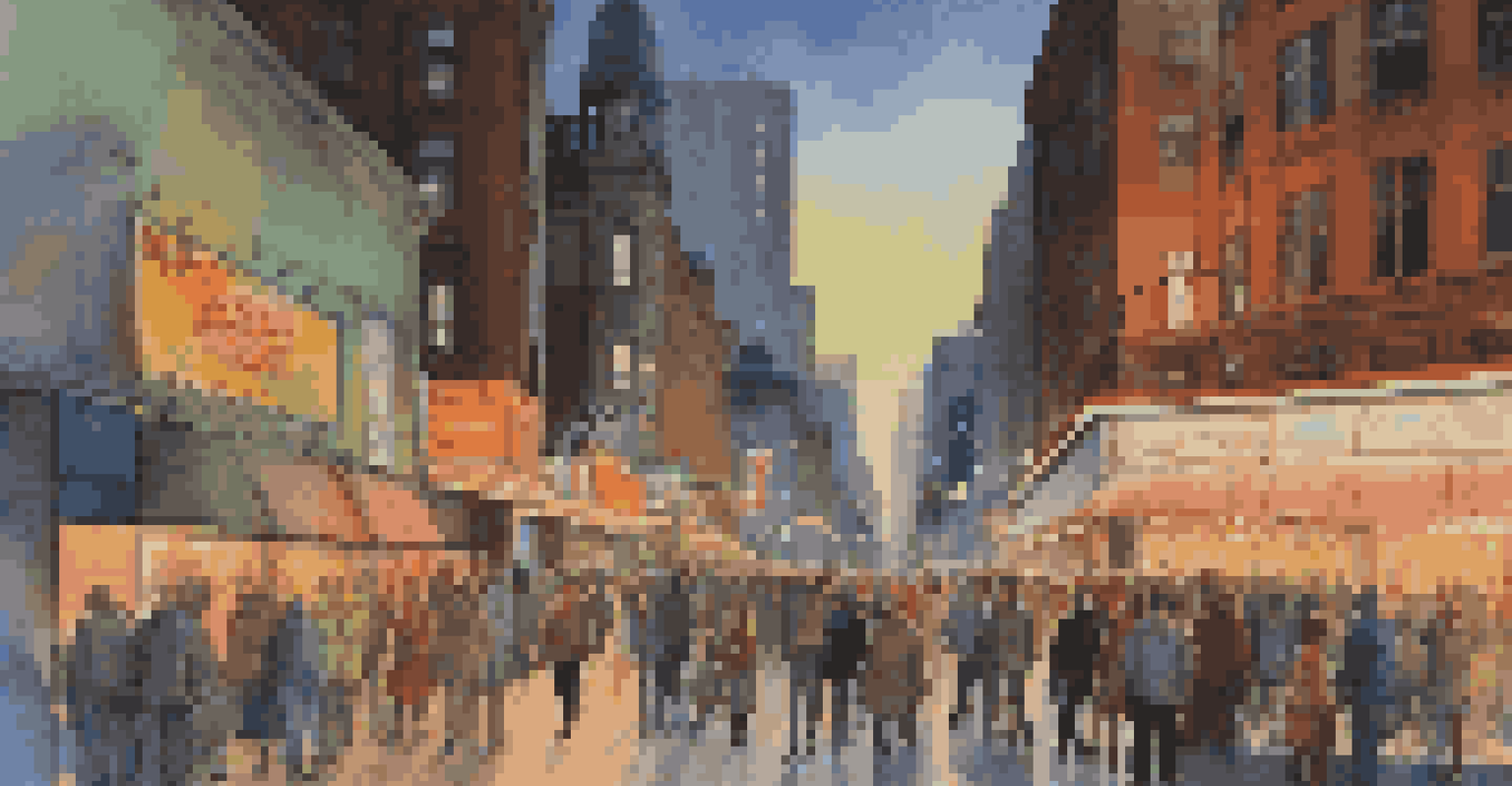 A lively city street at dusk with pedestrians, street performers, and illuminated neon signs.