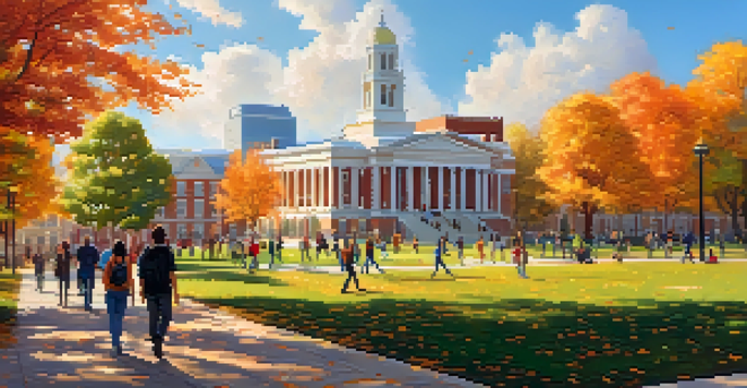 A university campus in autumn, with students of different backgrounds engaged in activities amidst colorful trees and historic buildings.